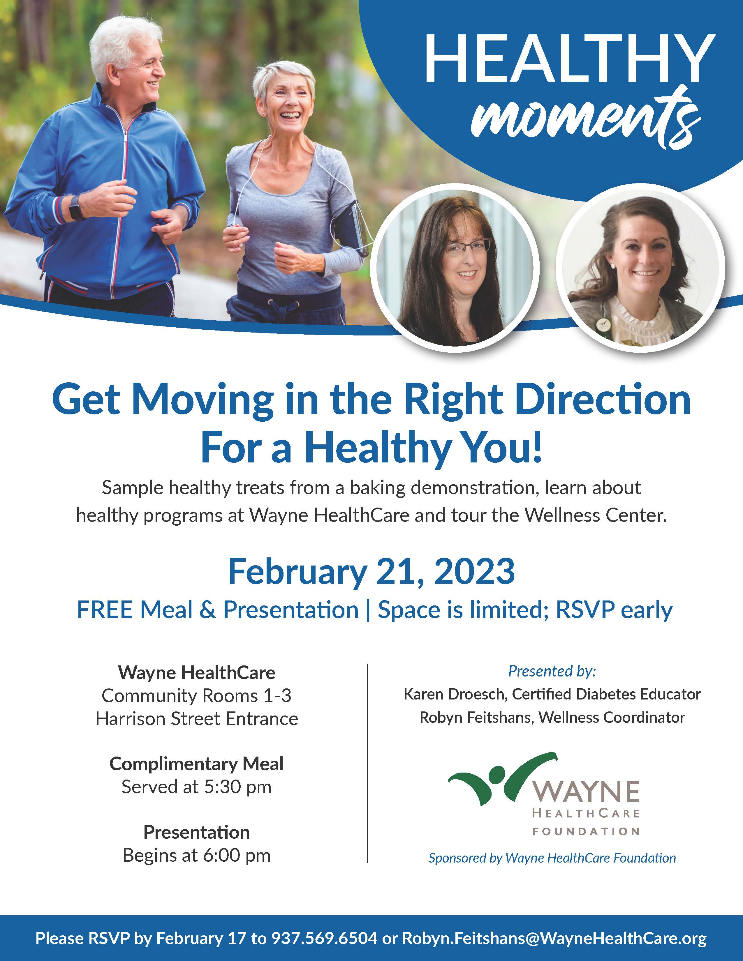 Couple running and photo of Karen Droesch and Robyn Feitshans presenters with information about Healthy moments presentation